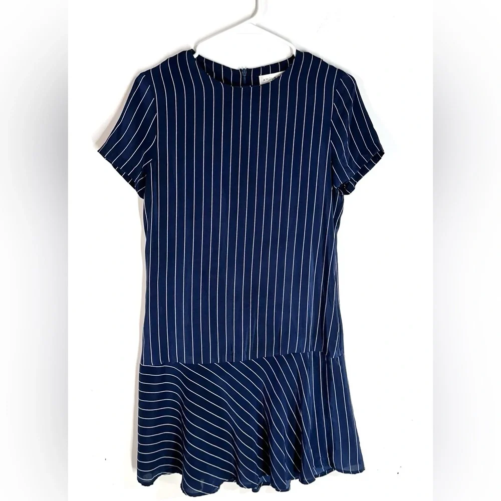 Amour Vert Pin Stripe Ruffle Hem Silk Mini Dress In Navy Blue Size S - Picture 2 of 9